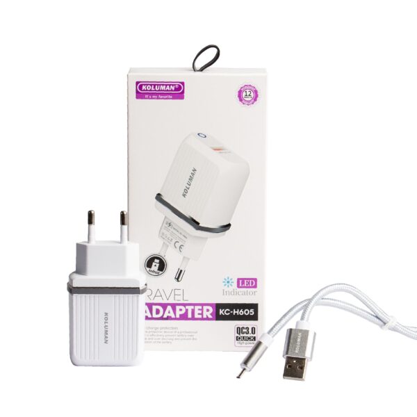 شارژر دیواری کلومن مدل KC-H605 به‌همراه کابل تبدیل MicroUSB سفید گارانتی 12 ماهه تکنوپاز